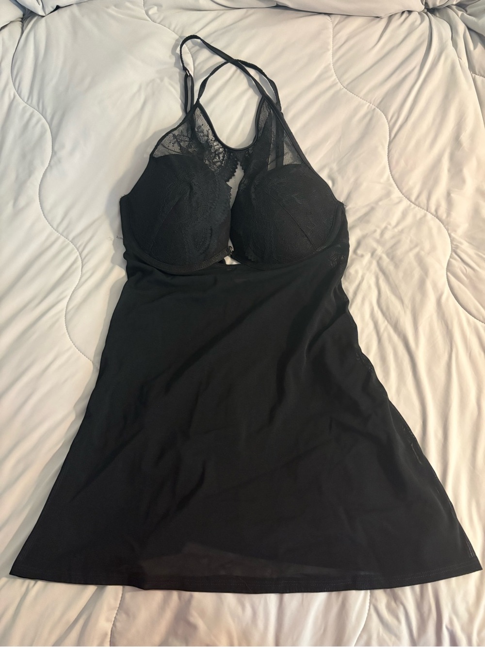 Auden High Neck Lace Mesh Babydoll Lingerie Chemise Medium Black Underwire